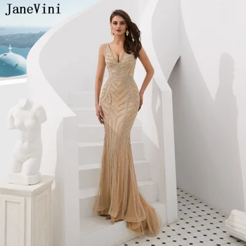 JaneVini Brilhante do Champagne Sereia de Longos Vestidos de Noite 2019 Sexy Profundo Decote em V sem Mangas de Luxo Completo Beaded Vestido de Tule para as Mulheres