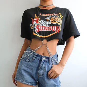 Hip Hop coreano Punk de Manga Curta Camiseta Preta das Mulheres Harajuku Algodão T-Shirt Senhoras Impresso Topo com Cadeias de Streetwear de Verão
