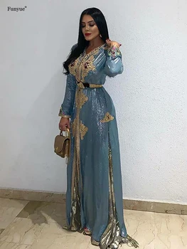 Sujo Azul Marroquino Kaftan Lace Vestido de Noite Formal, Elegante Manga Longa Muçulmano Cetim A LINHA de Vestido de Baile Vestidos De Festa