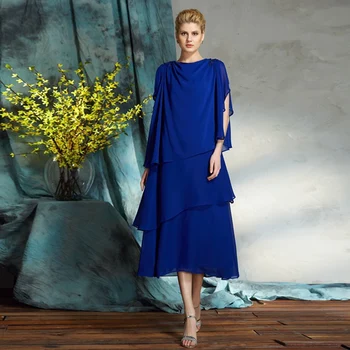 O Azul Royal do Vestido Formal para a Mãe, Em 2022, O Decote Simples Chiffon Mãe do Vestido de Noiva Comprimento do Joelho Frisado Casamento Vestidos de Hóspedes