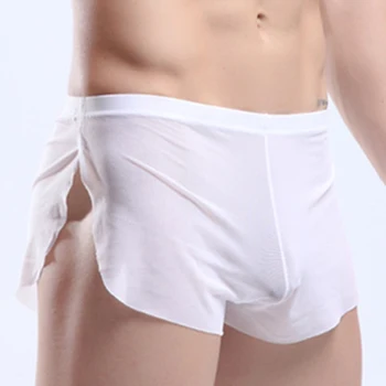 Homens Sexy Cuecas Boxer Respirável Calcinha Sólido Cueca Boxer Shorts de Malha Lado de Divisão Troncos Breve Cuecas Conforto Calcinha