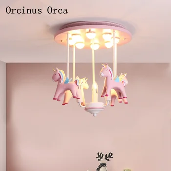 Cor-de-rosa cavalo lâmpada do teto, a Princesa de Quarto de Menina Quarto de Crianças, Quarto de Luzes de desenhos animados Americana LED cor-de-Rosa Animal Lustre