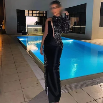 Dubai Mulheres Usam Gola Alta Preta De Baile, Vestidos De Manga Longa, Vestidos De Festa À Noite Fenda Lateral, Lantejoulas Cetim Elástico Robe De Sarau